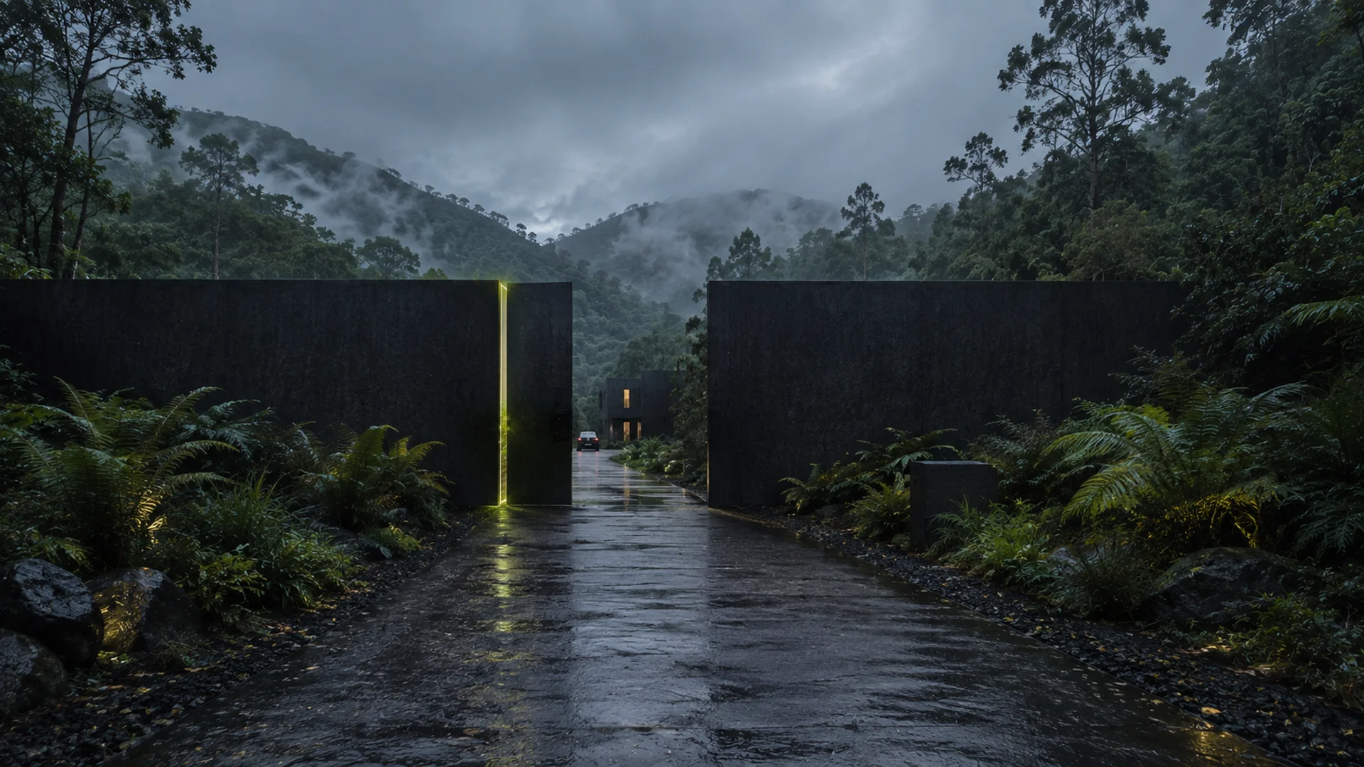 Architectural visualisation of the dark arrival threshold opening toward the green highland landscape.